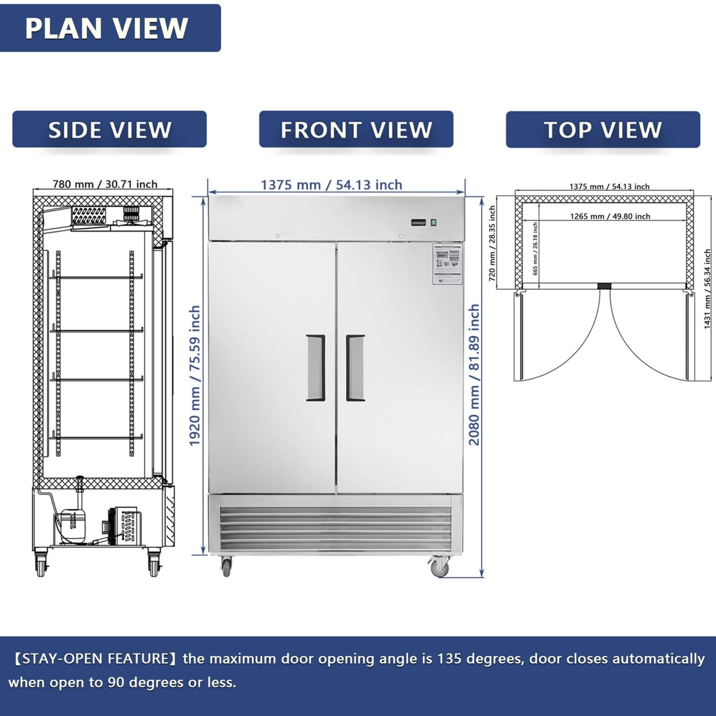 54-Inch 42.2 Cu.Ft Commercial Stainless Steel 2-Section Upright Reach-In Freezer (SAK35148)