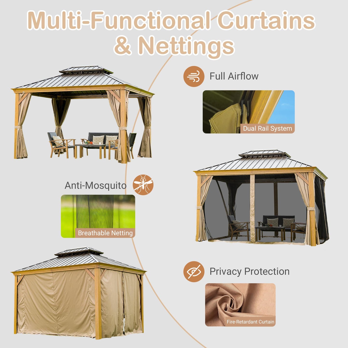 10' x 14' Hardtop Gazebo with Galvanized Steel Double Roof and Wood Grain Frame