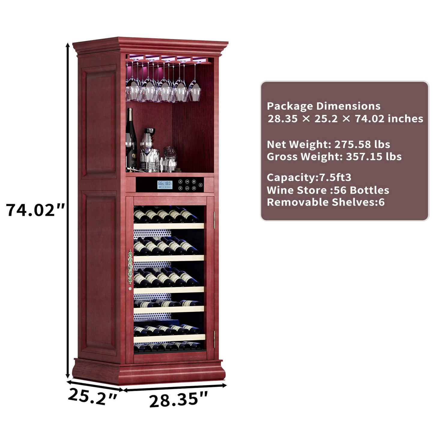 Nuvia 56-Bottle 7.5 Cu.Ft Single-Zone Multi-Tiered Wooden Wine Cooler Cabinet With Humidity And Temperature Controls (SAK73195)