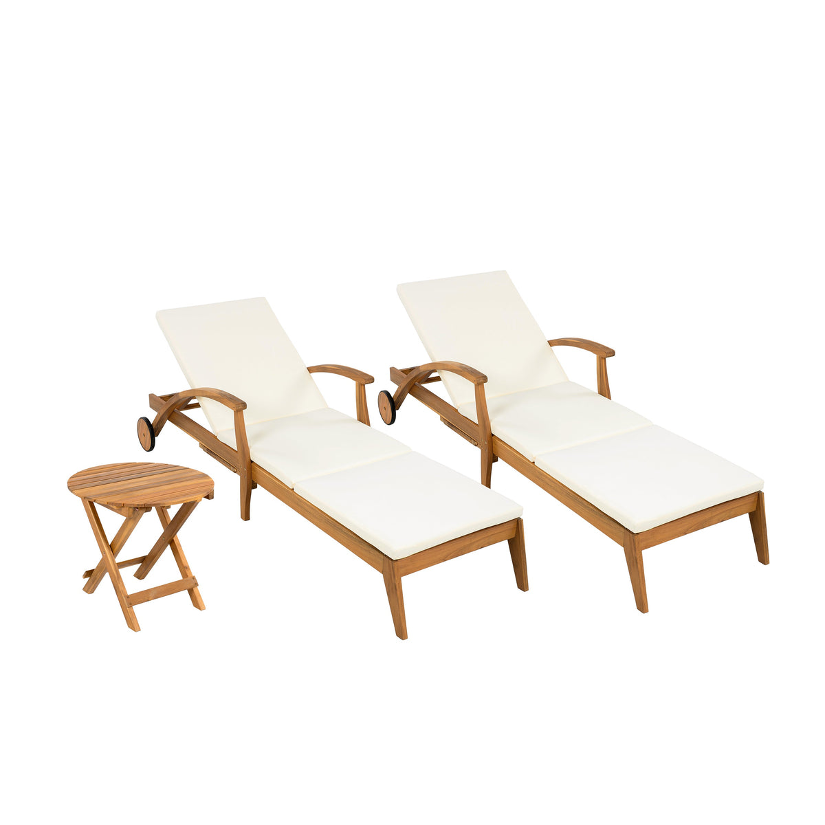 Outdoor Recliner Side Table Set with Acacia Wood and Adjustable Chaise Lounge