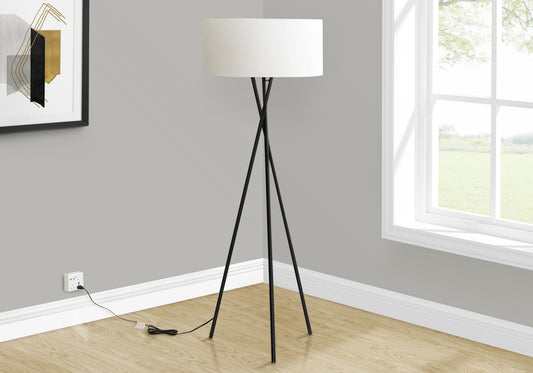 8th Street Black Metal Floor Lamp with Ivory Fabric Shade