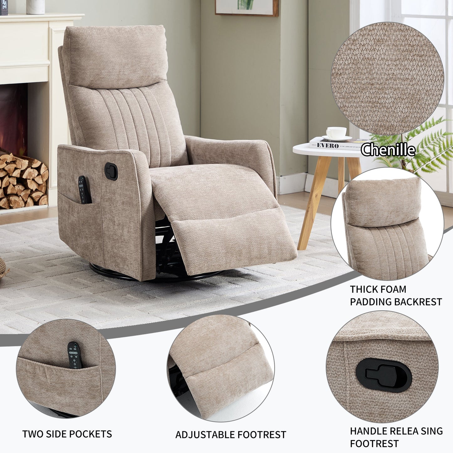 Khaki Heat Massage Manual Recliner Chair with Rocker and Swivel in Fabric for Living Room