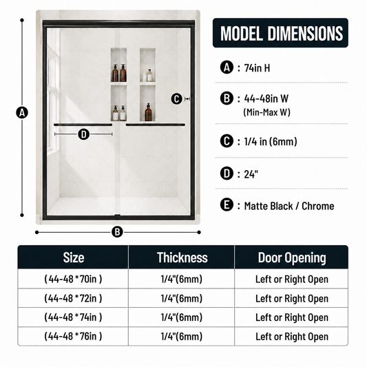 44-48" W x 74" H Framed Double Sliding Shower Door