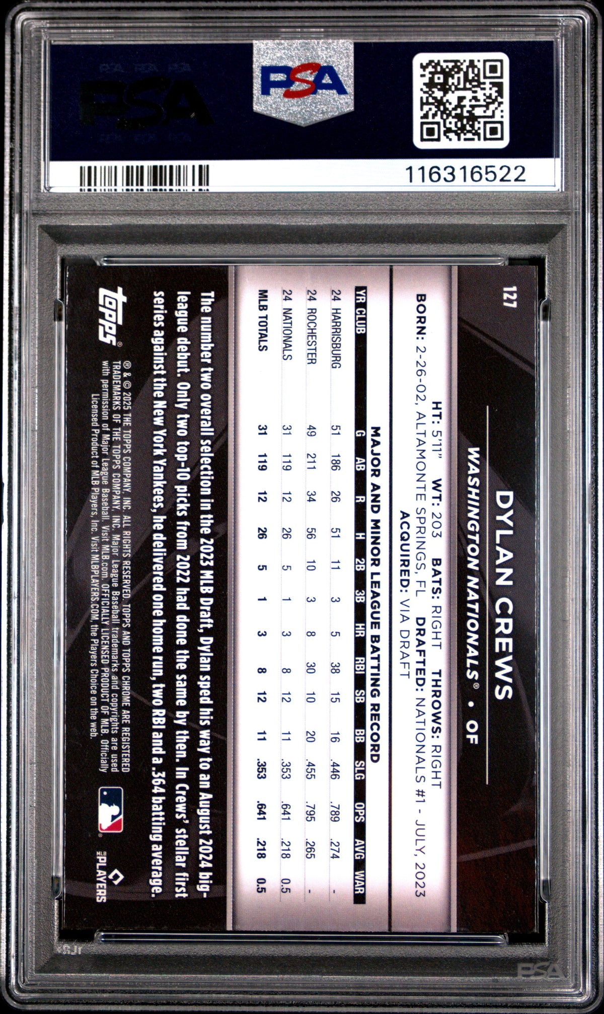 Graded 2025 Topps Chrome Black Dylan Crews #127 Rookie RC Baseball Card PSA 10 Gem Mint