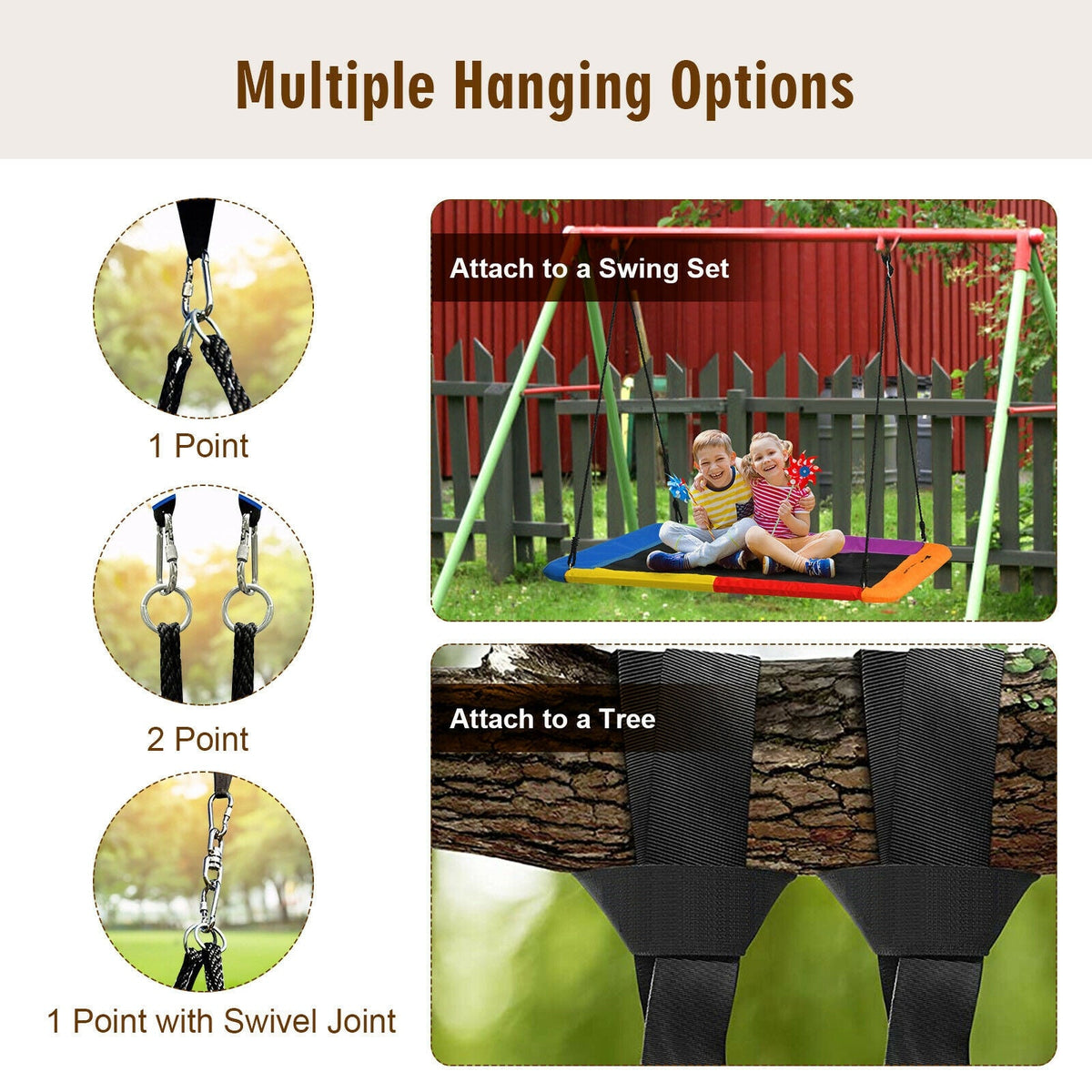 60 Inches Platform Tree Swing Outdoor with 2 Hanging Straps-Multicolor