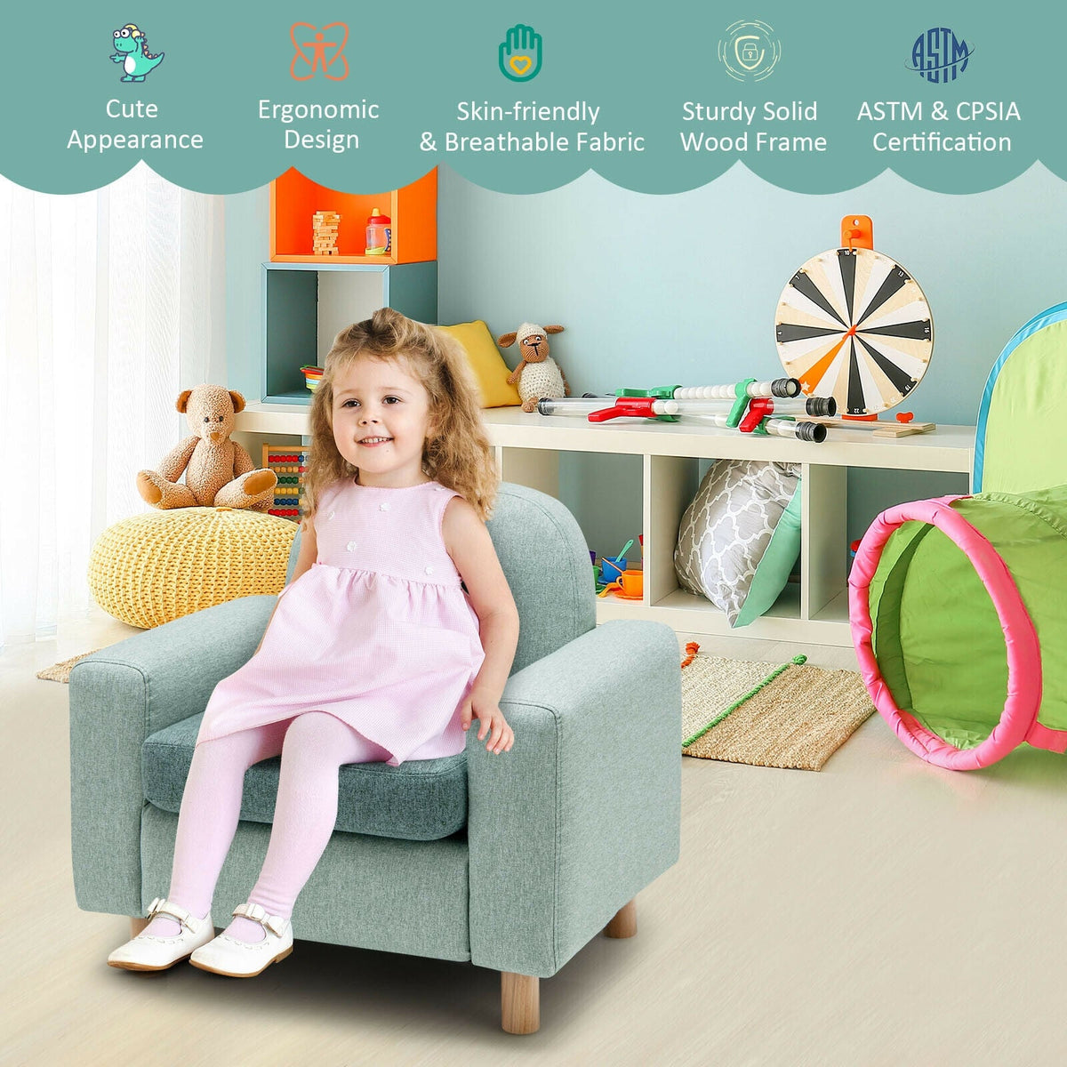 Kids Sofa with Armrest and Thick Cushion-Green