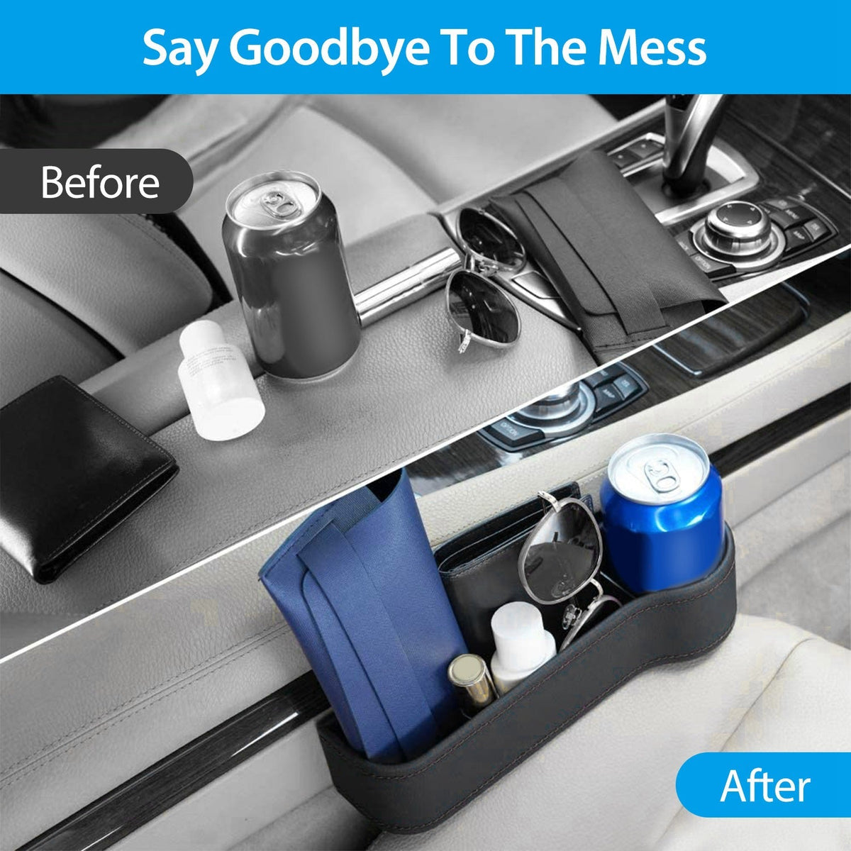 2Pcs Car Console Side Organizer Car Seat Gap Storage Box Pocket Organizer Seat Gap Filler Catch Caddy W/ Cup Holder Non-Slip Mat for Cellphone Key Car