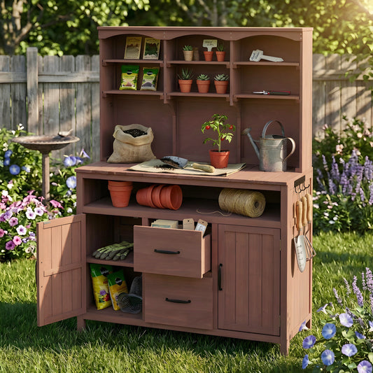 TOPMAX Large Fir Wood Potting Bench with Hutch and Storage