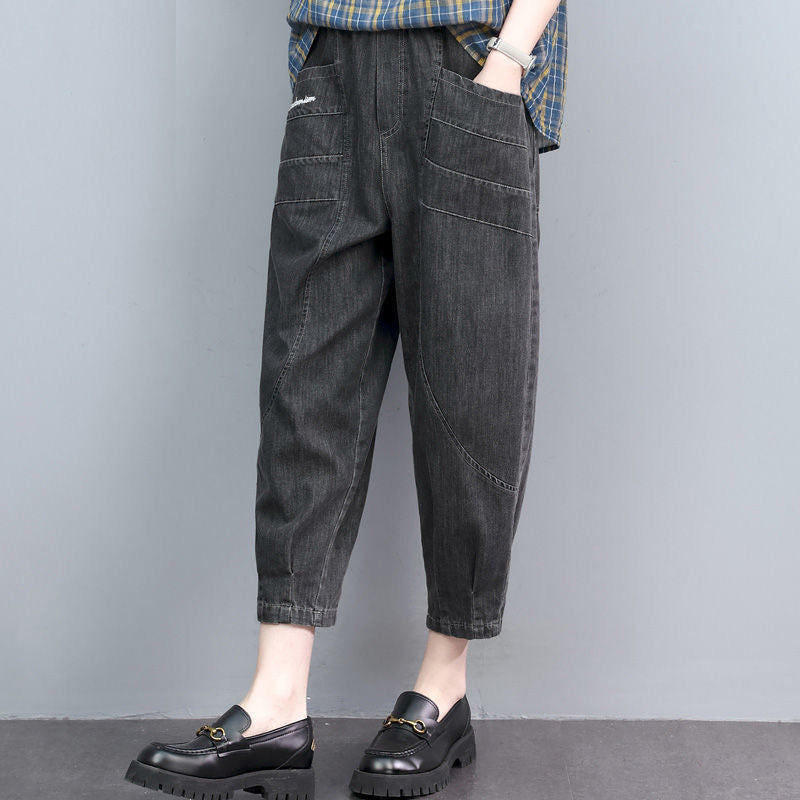 Loose-fitting Plus-size High-waisted Figure-flattering Cropped Denim Jeans