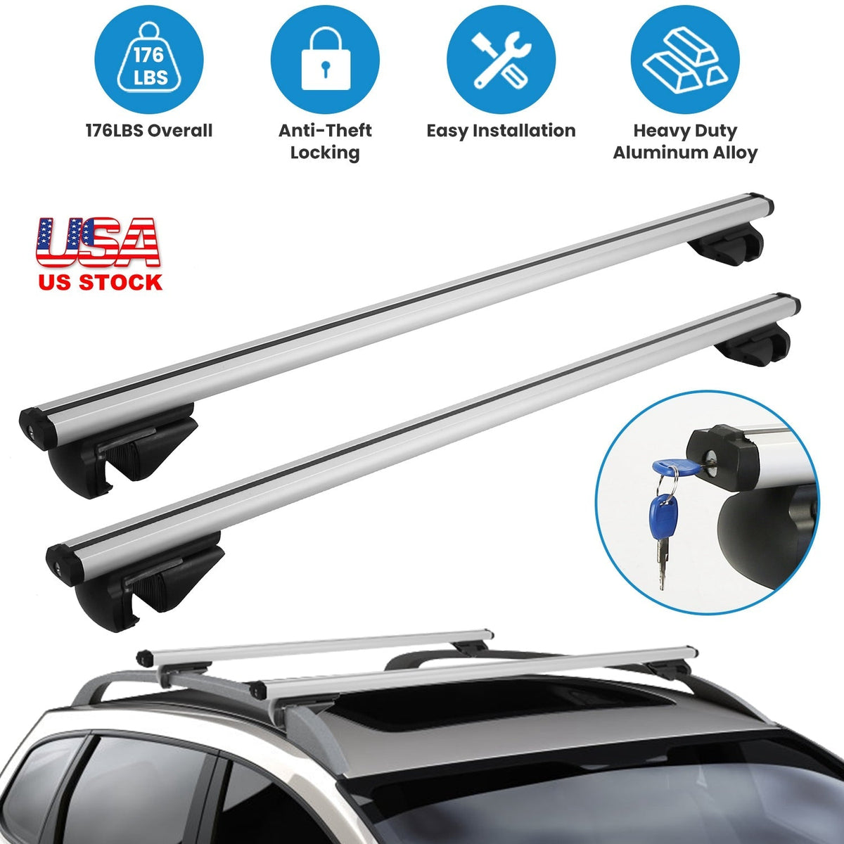 Car Roof Rack Cross Bars Aluminum Cargo Carrier Rooftop Crossbars Luggage Roof Rack Bar with 176lbs Max Load Fits Most Vehicles with Existing Raised S