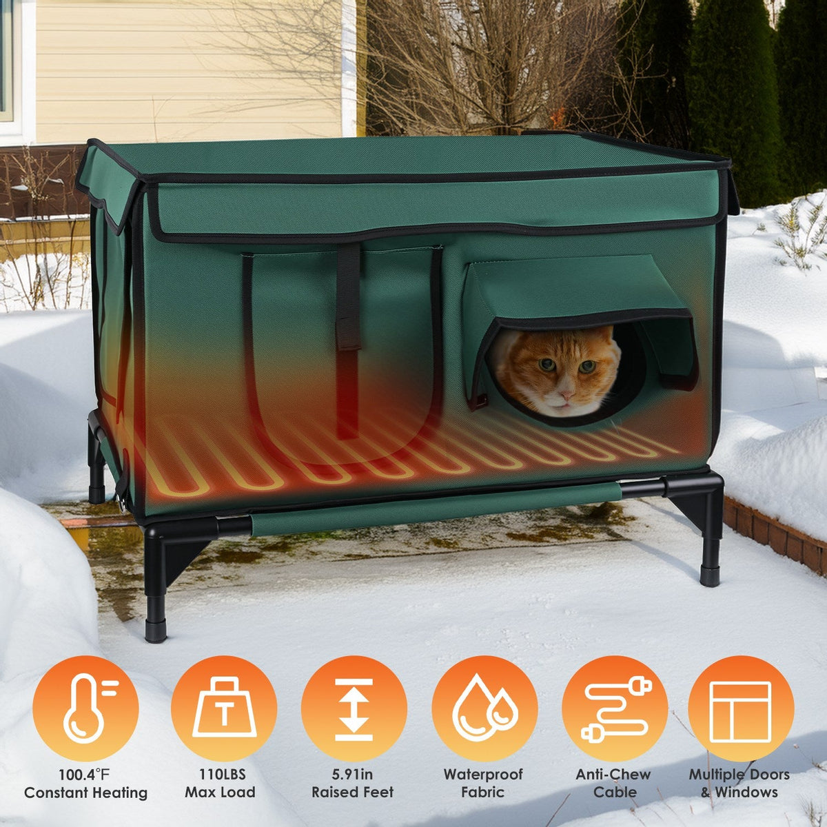 Waterproof Heated Cat House Outdoor Weatherproof Insulated Kitty Shelter Feral Cat Heating Bed with Heating Pad Anti-Chew Cord 2 Doors 3 Windows for I