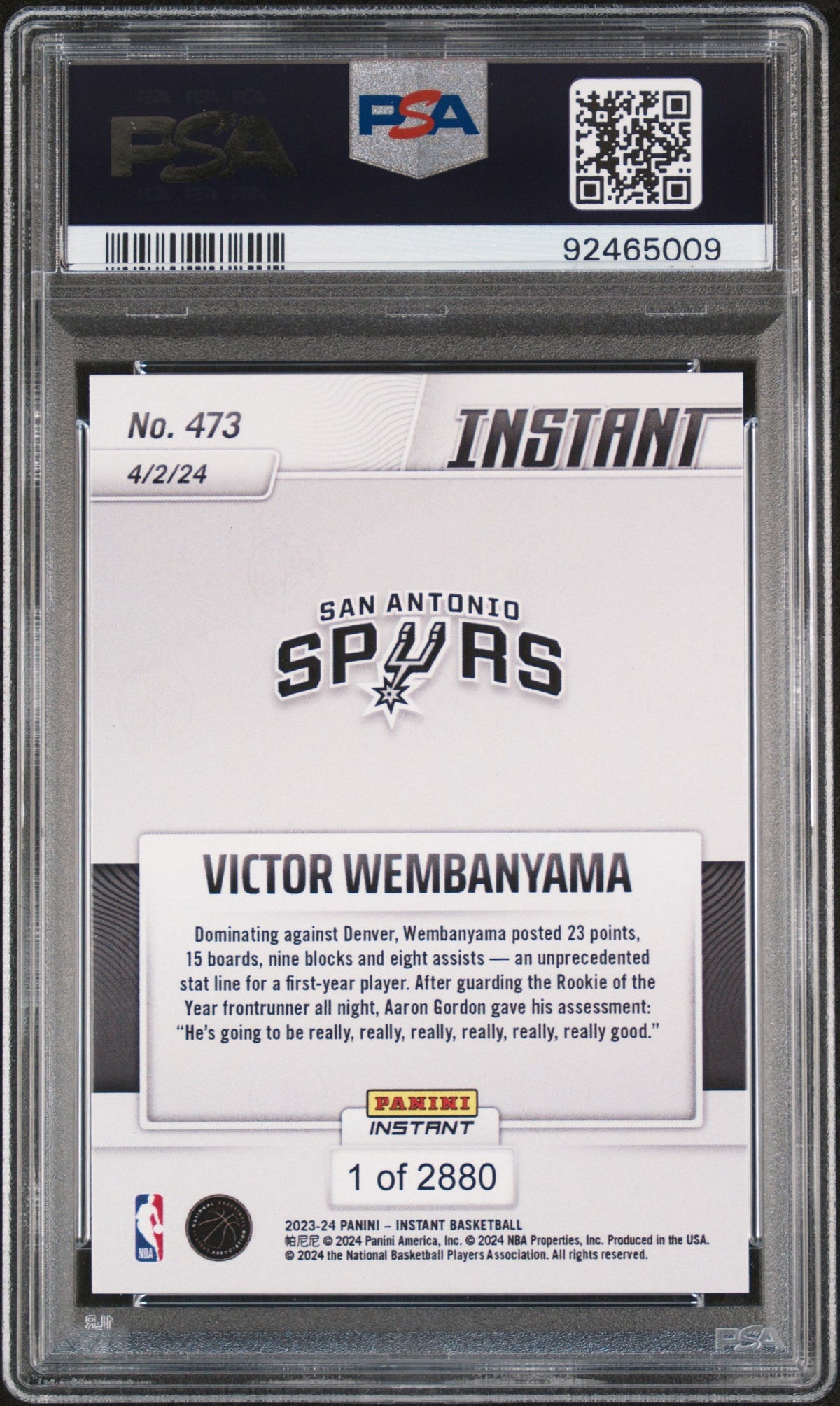 Graded 2023 Panini Instant Victor Wembanyama #473 Rookie RC Basketball Card PSA 10 Gem Mint