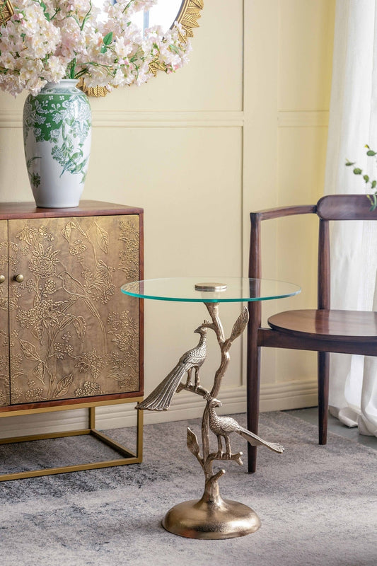 Gold Peacock Side Table with Round Glass Top