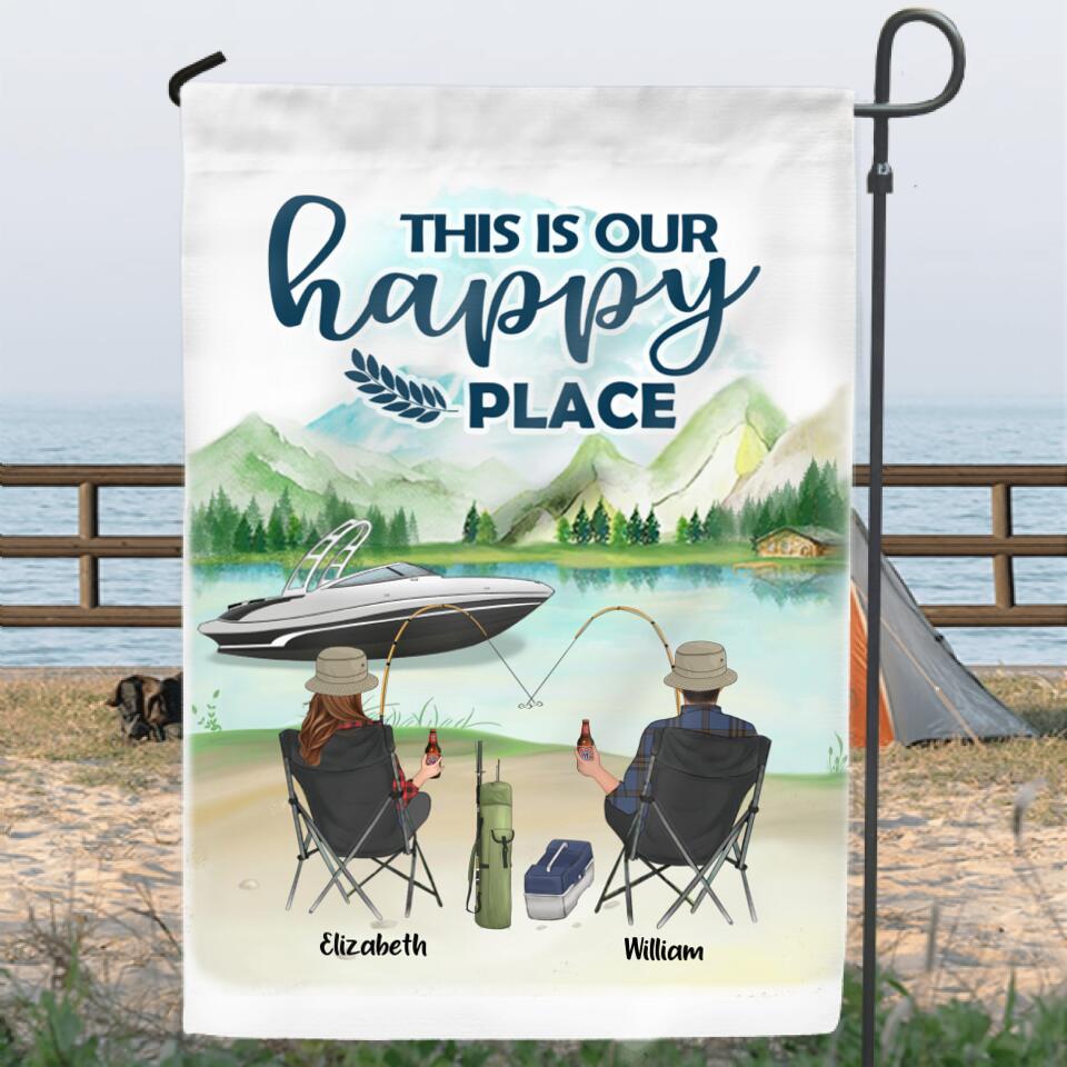 Personalized Fishing Family Flag Sign - Parents With Up to 4 Kids - Gift For Fishing Lover - This Is Our Happy Place