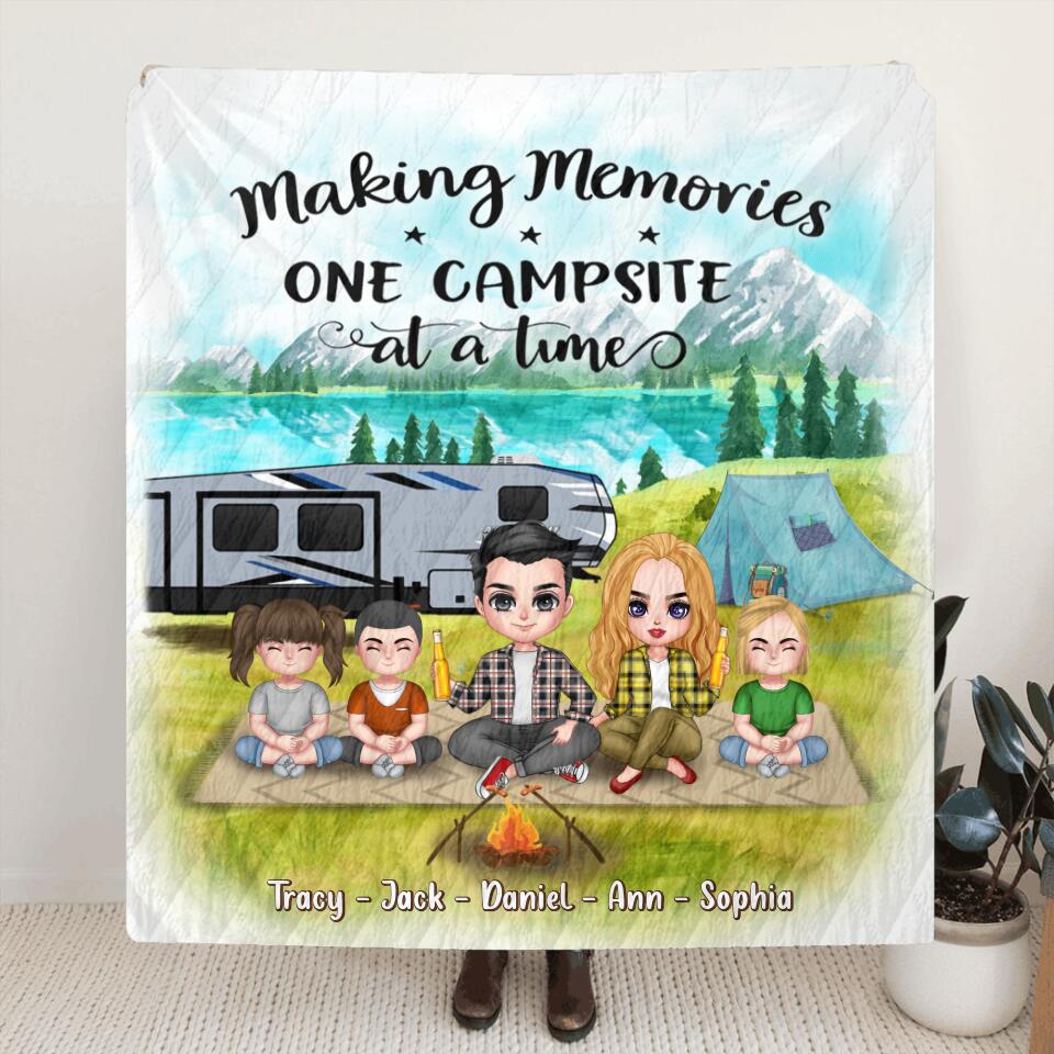 Personalized Camping Fleece Throw Blanket/Quilt - Gift For Couple/Family with up to 3 Kids - Making Memories One Campsite At A Time