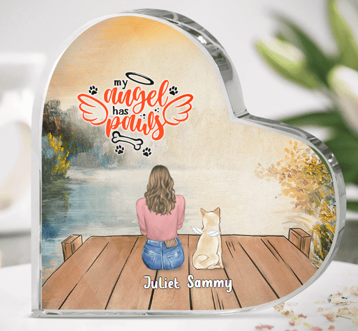 Personalized Dog Mom Dad Heart-Shaped Acrylic Plaque - Up to 4 Dogs - Gift Idea For Dog Lover/Couple - My Angel Has Paws
