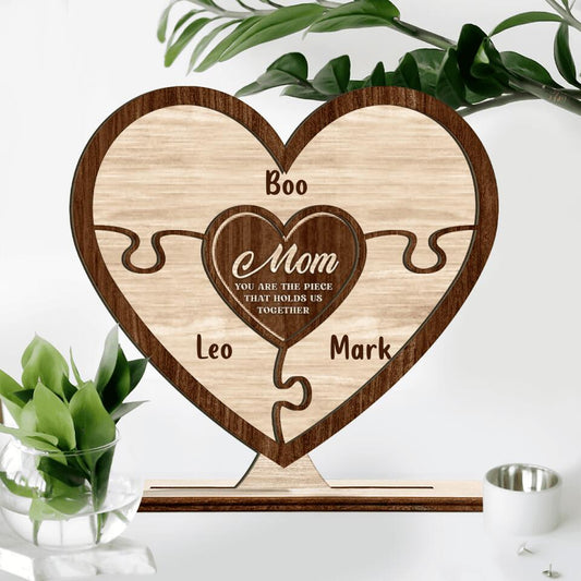 Personalized Mom Wooden Plaque - Up to 7 Kids - Mother's Day Gift For Mom - Mom You Are The Piece That Holds Us Together