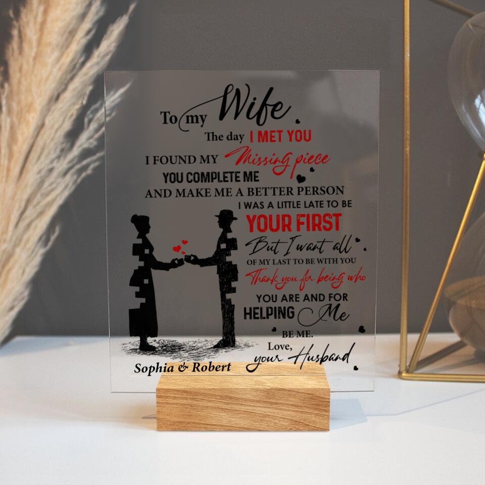 Personalized Couple Acrylic Plaque - Gift for
Couple, Husband and Wife, Gift to Wife from Husband - To my wife my missing piece