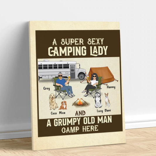 Personalized Couple Camping Canvas - Couple With Up to 4 Pets - Gift Idea For Camping/Dog/Cat Lover - A Spoiled Camping Lady And Her Grumpy Husband Camp Here