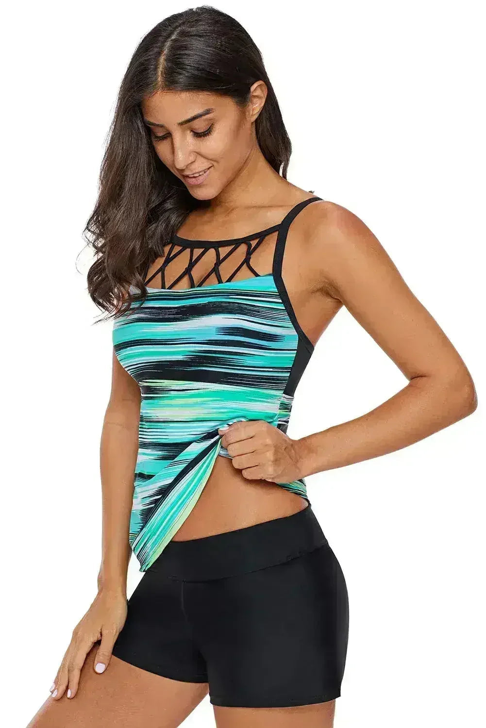 Greenish Tie Dye Striped Strappy High Neck Tankini Top