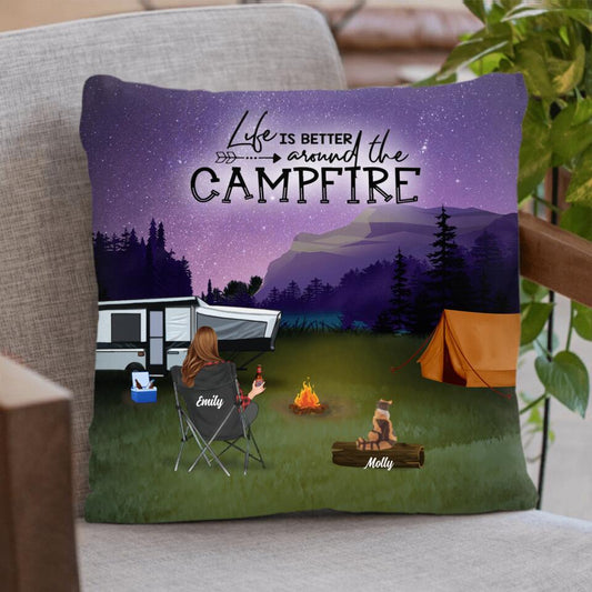 Personalized Camping Round Pillow - Adult/Couple/Parents With Up to 4 Kids And 4 Pets - Gift Idea For Family/Camping Lover - Making Memories One Campsite At A Time