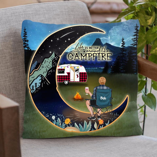 Personalized Camping Moon Night Round Pillow - Couple/Parents With Up to 3 Kids And 5 Pets - Gift Idea For Camping Lover - Life Is Better Around The Campfire