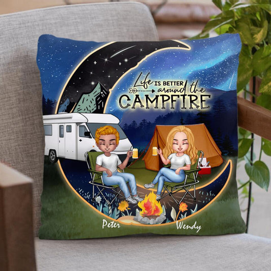 Personalized Camping Moon Night Couple Valentine's Day Round Pillow - Couple With Up to 2 Dogs - Gift Idea For Camping Lover - Life Is Better Around The Campfire