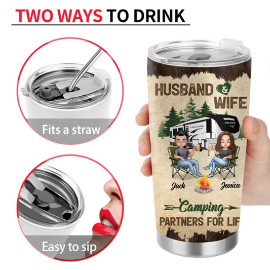 Personalized Camping Couple Tumbler - Gift Idea For Couple/Camping Lover - Husband And Wife Camping Partners For Life