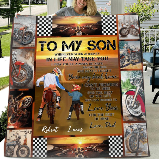 Personalized Father & Son Biker Fleece Throw Blanket/Quilt - Gift Idea For Bike Lovers From Father To Son - To My Son