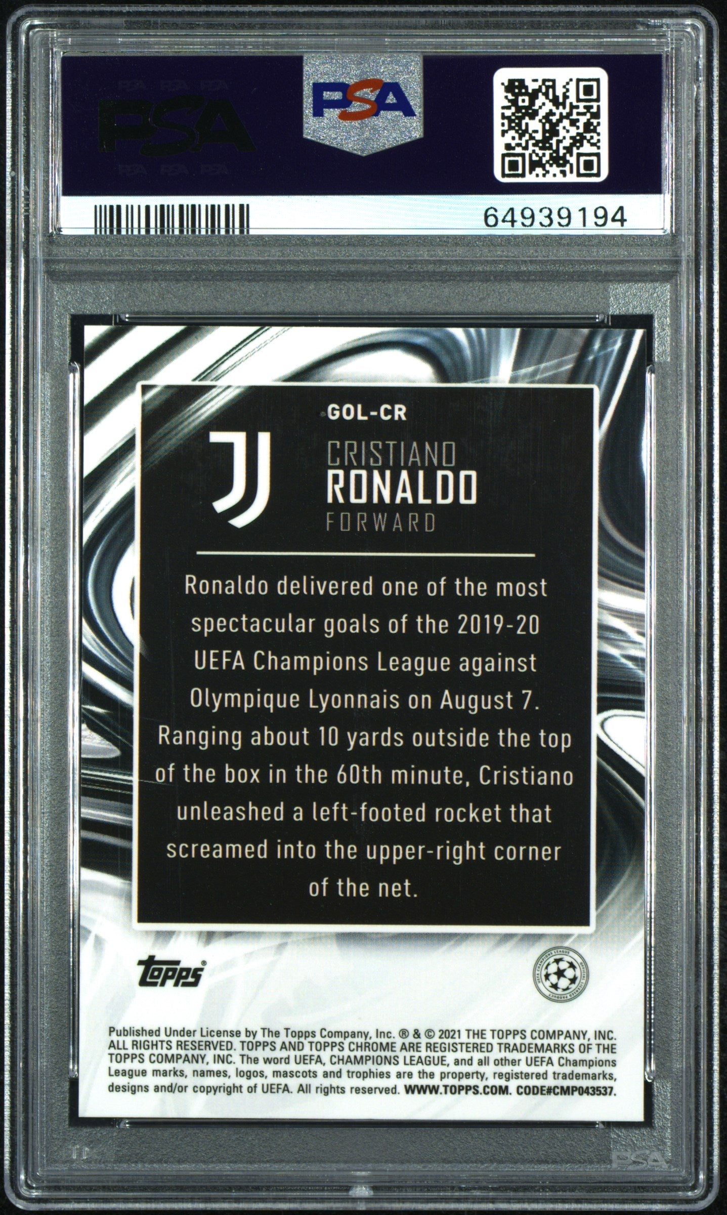 Graded 2020 Topps Chrome UCL Cristiano Ronaldo #GOLCR Golazo UEFA Champions League Soccer Card PSA 10 Gem Mint