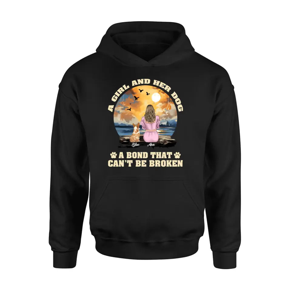 Personalized Dog Mom Shirt/Hoodie - Gift Idea for Dog Lover - Up to 4 Dogs - A Girl And Her Dog A Bond That Can't Be Broken
