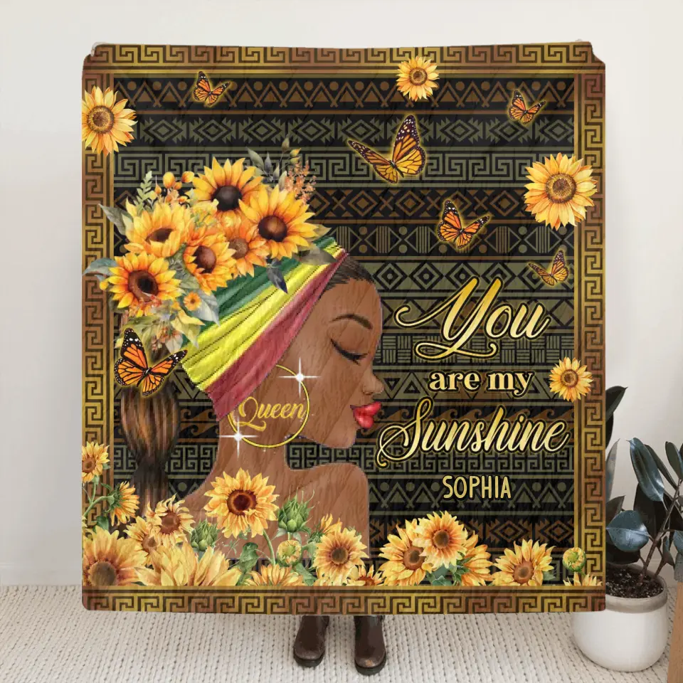 Personalized Sunflower Girl Fleece Throw Blanket/Quilt - Gift Idea for Black Girl/Black Woman/Afro Black Girl - You Are My Sunshine