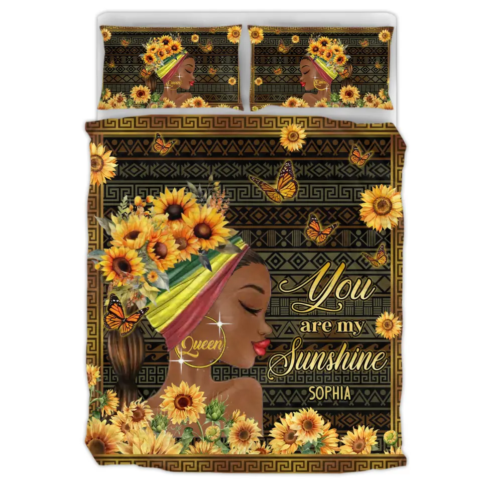 Personalized Sunflower Girl Quilt Bed Set - Gift Idea for Black Girl/Black Woman/Afro Black Girl - You Are My Sunshine