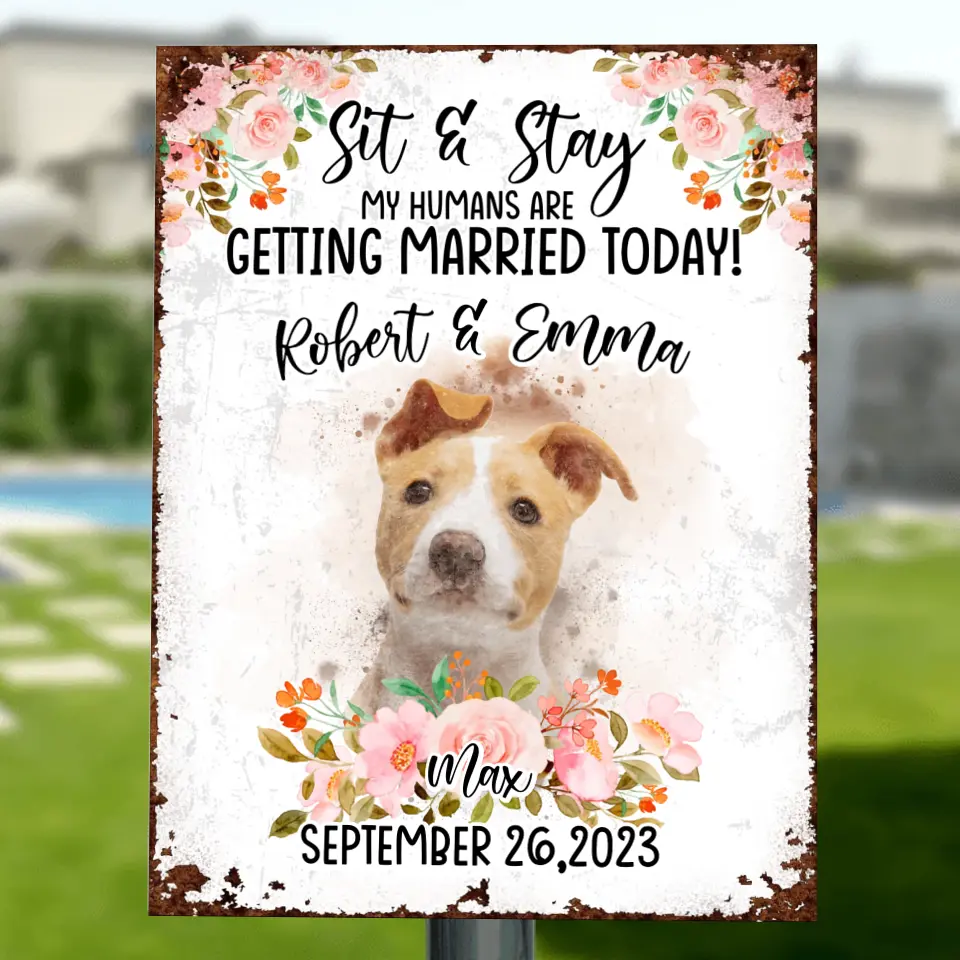 Personalized Dog Wedding Metal Sign - Upload Photo - Wedding Gift Idea For Couple/Dog Lover - Sit & Stay My Humans Are Getting Married Today