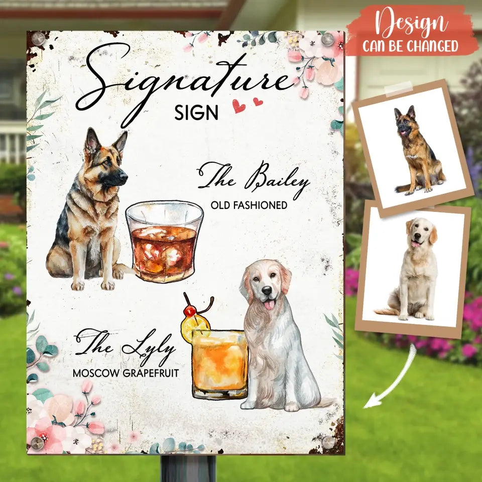 Personalized Wedding Metal Sign - Upload Up to 2 Pet's Photo - Wedding Gift Idea For Couple/Dog Lover - Signature Drink Sign
