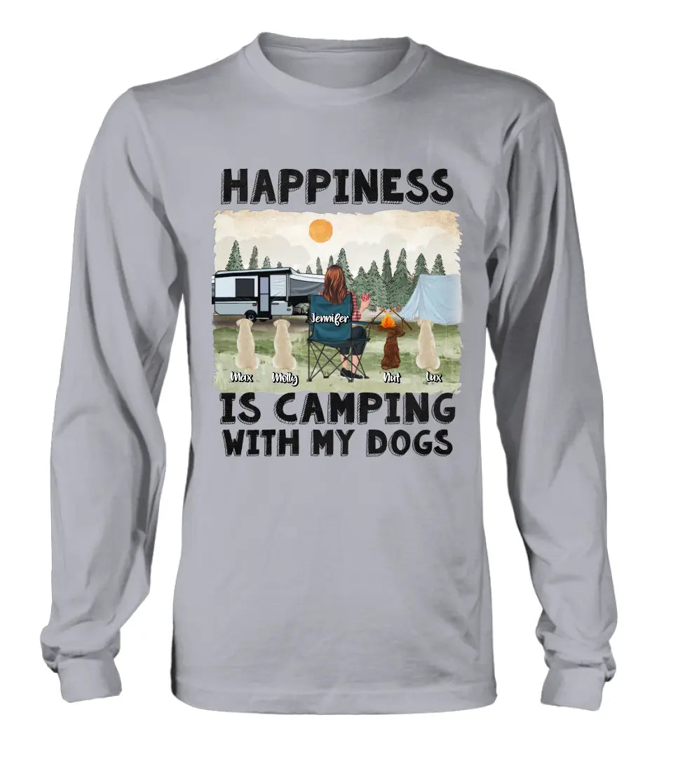 Personalized Camping Shirt/Hoodie - Gift Idea For Girl & Dogs - Up to 4 Dogs - Happiness Is Camping With My Dogs