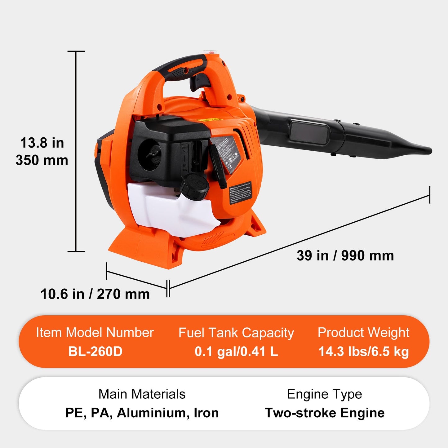 Leaf Blower, 26CC 2-Cycle Handheld with Vacuum and Collection Bag