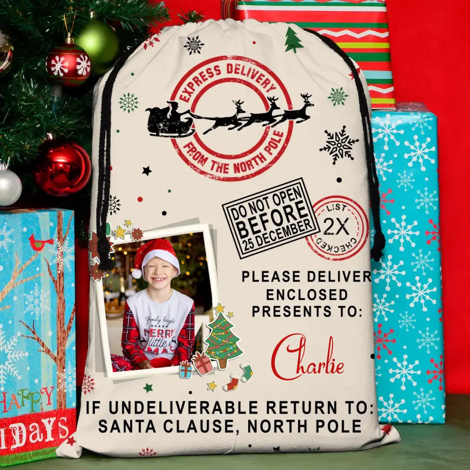 Personalized Kid Santa Sack - Gift Idea For Christmas/Kid - Upload Photo - Do Not Open Before 25 December