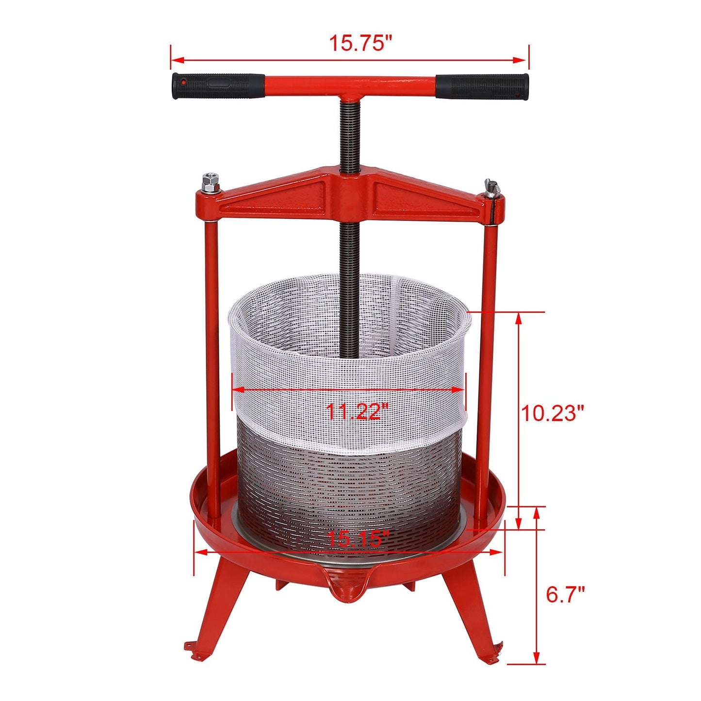 Fruit and Wine Press With T-Shaped Hand Shank, 3.69 Gallon / 14L - Red