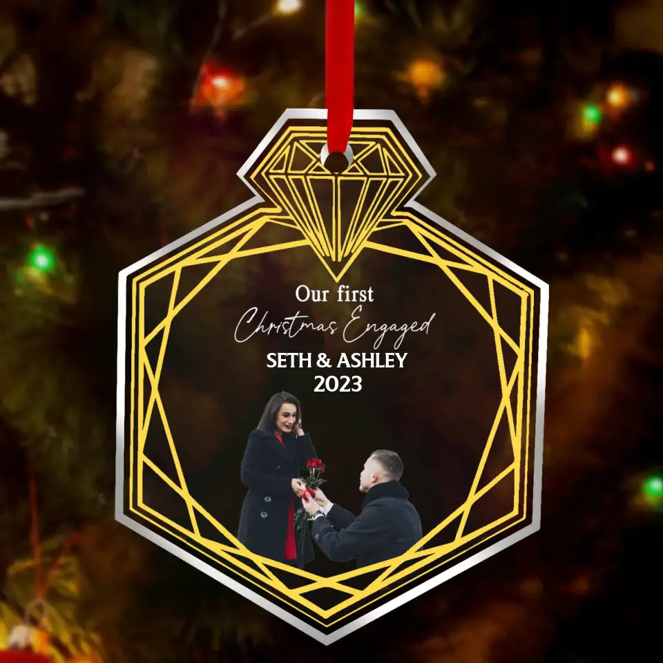 Personalized Couple Rings Acrylic Ornament - Upload Photo - Christmas Gift For Couple - Our First Christmas Engaged