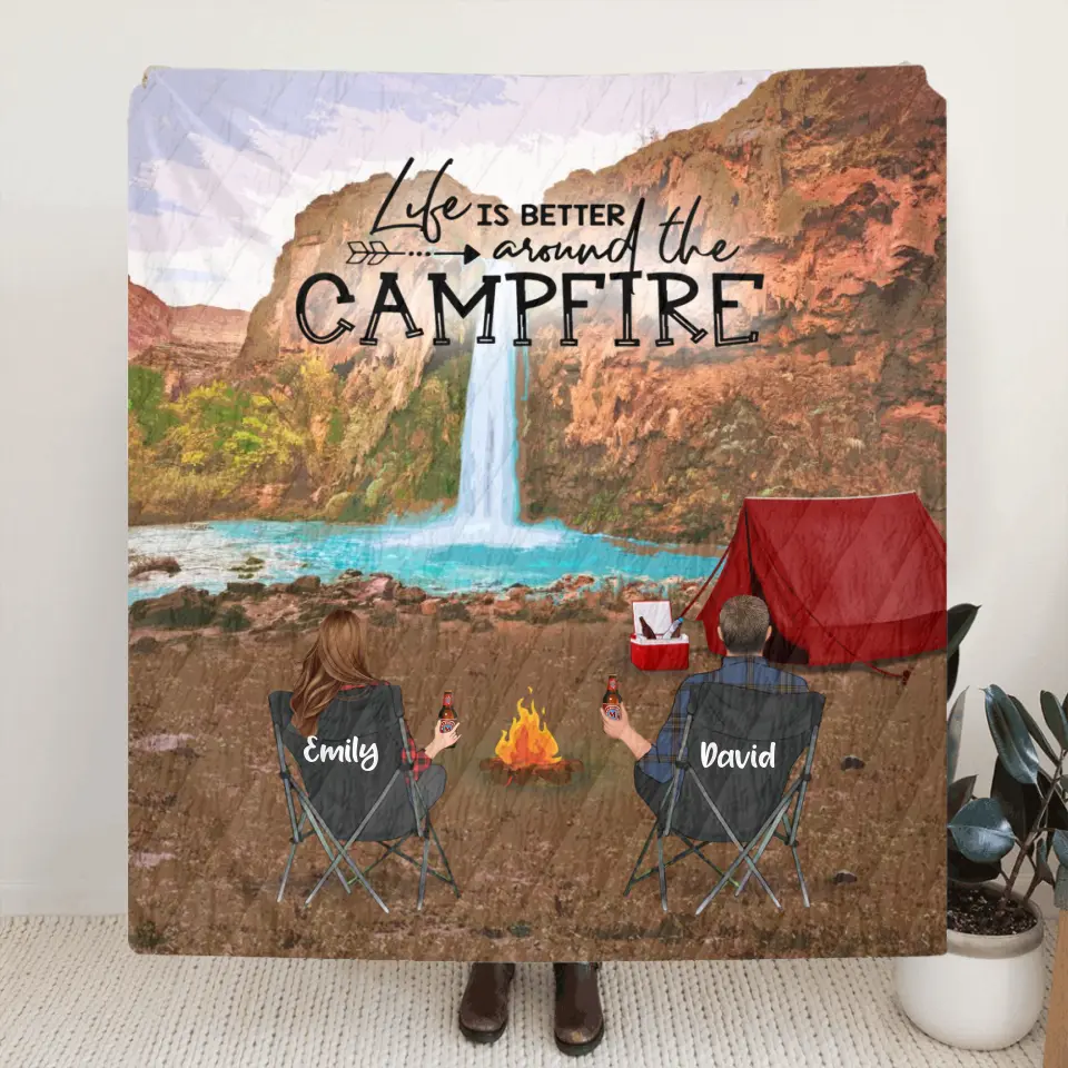Personalized Havasu Falls Camping Fleece/Quilt Blanket - Adult/Couple With Up to 3 Kids And 3 Pets - Gift Idea For Family/Camping Lover - Life Is Better Around The Campfire