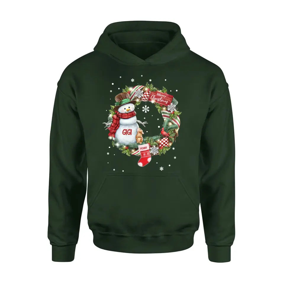 Personalized Grandma Mom Snowman Christmas Wreath Shirt/Hoodie - Christmas Gift For Grandma/Nana/Mother - Up to 10 Kids