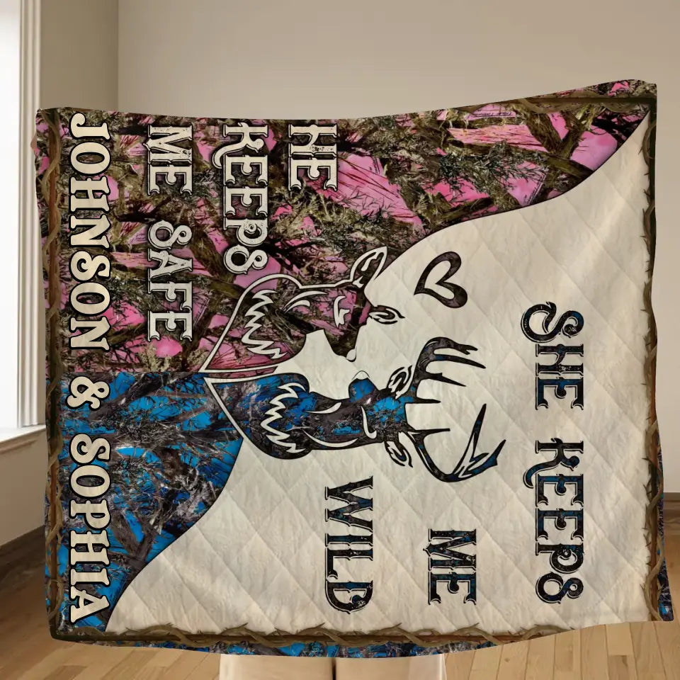 Personalized Couple Fleece Throw Blanket & Quilt - Valentine's Day Gift Idea For Couple/Him & Her - He Keeps Me Safe