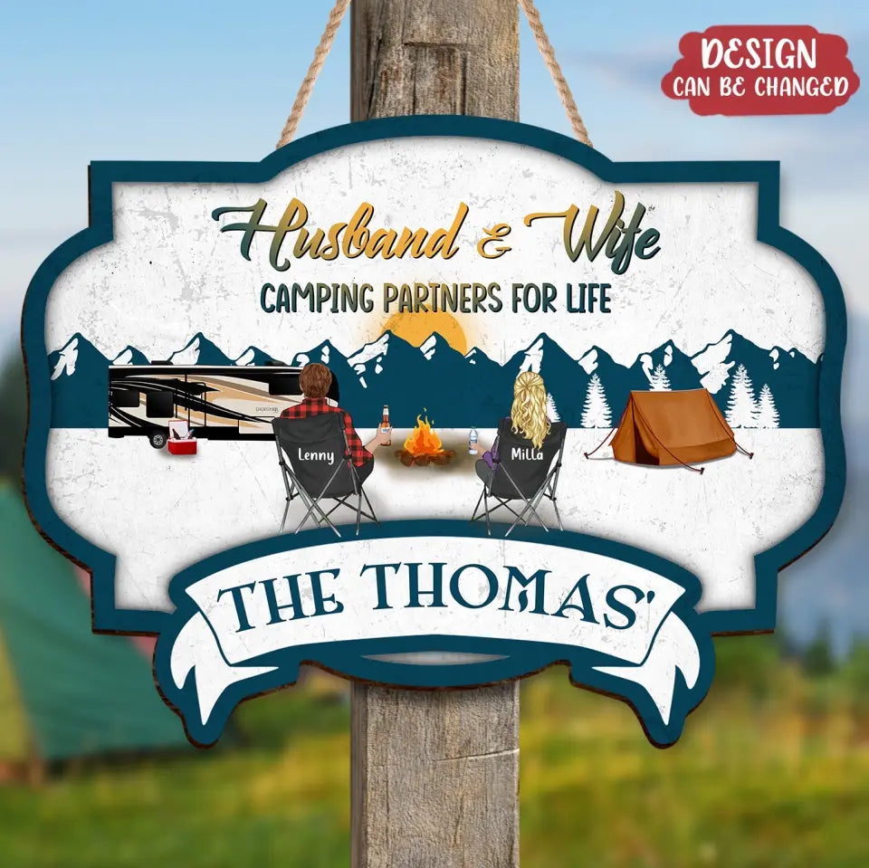 Personalized Camping Wooden Sign - Couple With Up to 2 Children & 3 Pets - Camping Lovers Gift Idea - Husband & Wife Camping Partners For Life