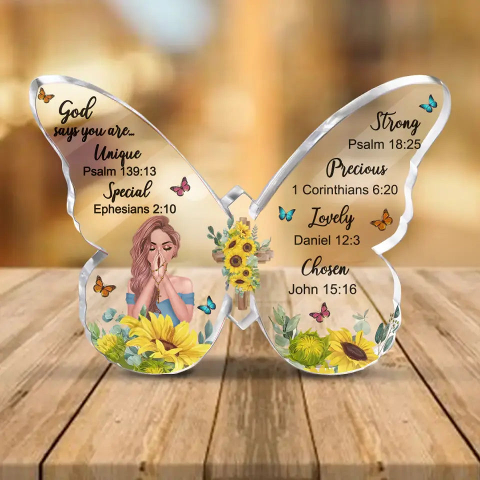 Personalized Prayer Butterfly Acrylic Plaque - Christian Gifts - God Says You Are Unique