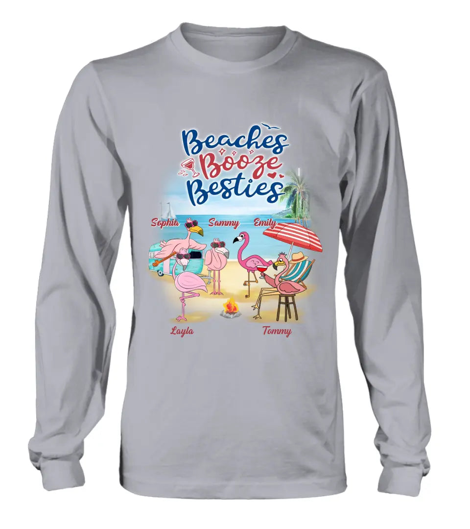 Personalized Beach Besties Shirt/Hoodie - Gift Idea For Besties/Friends/Beach Lovers - Up to 5 Flamingos - Beaches Booze Besties
