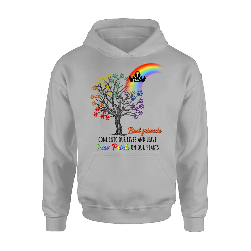 Personalized Rainbow Bridge Memorial Shirt/Hoodie - Memorial Gift Idea For Dog Lover - Up to 4 Dogs - Best Friends Come Into Our Lives And Leave Paw Prints On Our Hearts