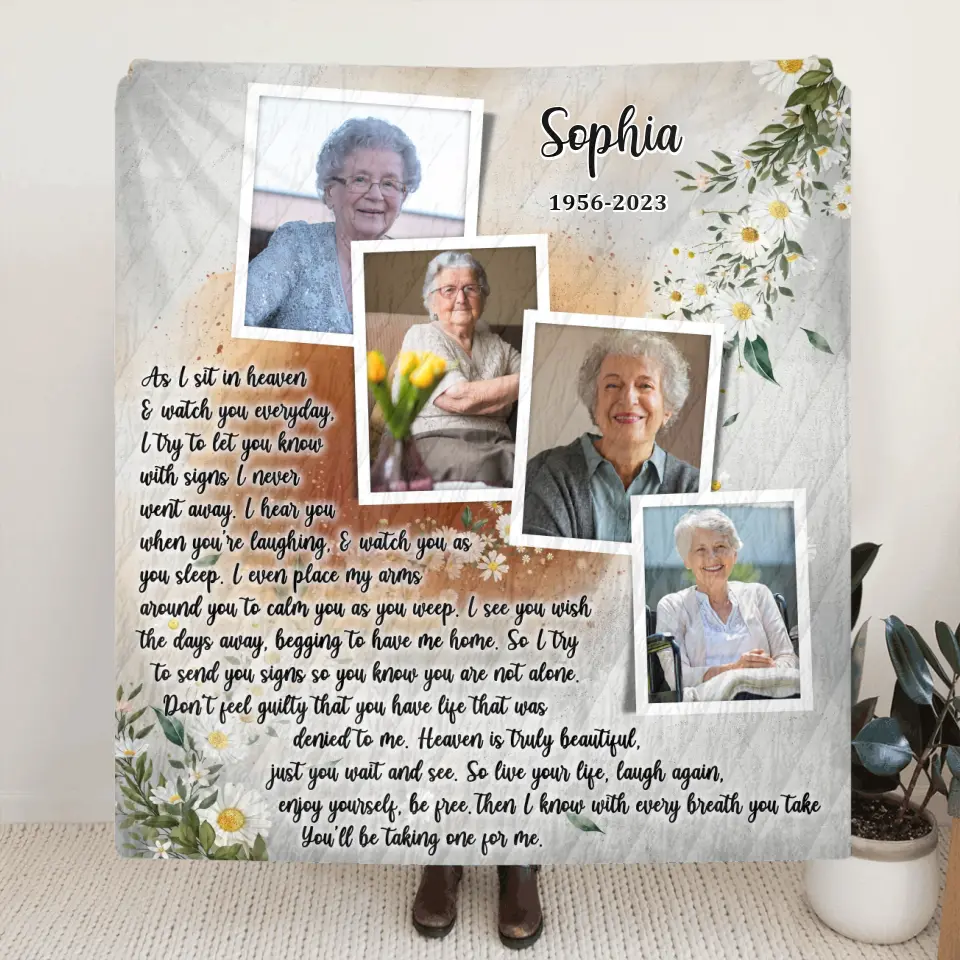 Personalized Memorial Photo Fleece Throw/Quilt Blanket - Upload Photo - Memorial Gift Idea For Family Member - As I Sit In Heaven & Watch You Everyday