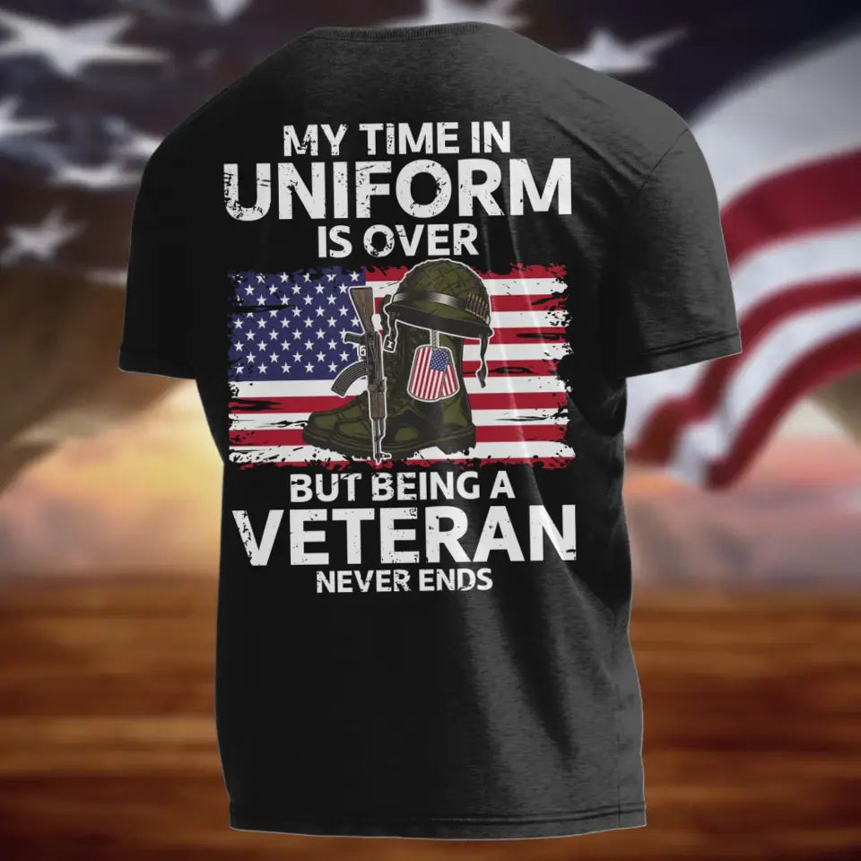 Personalized Veteran AOP Men's T-shirt - Gift Idea For Veteran/Father's Day - My Time In Uniform Is Over But Being A Veteran Never Ends