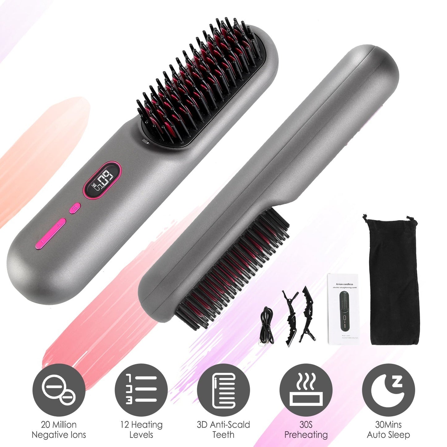 Cordless Negative Ion Hair Straightener Brush Rechargeable Mini Styling Comb with 12 Heating Levels Anti-scald 30S Preheating 30Mins Auto Sleep LCD Di